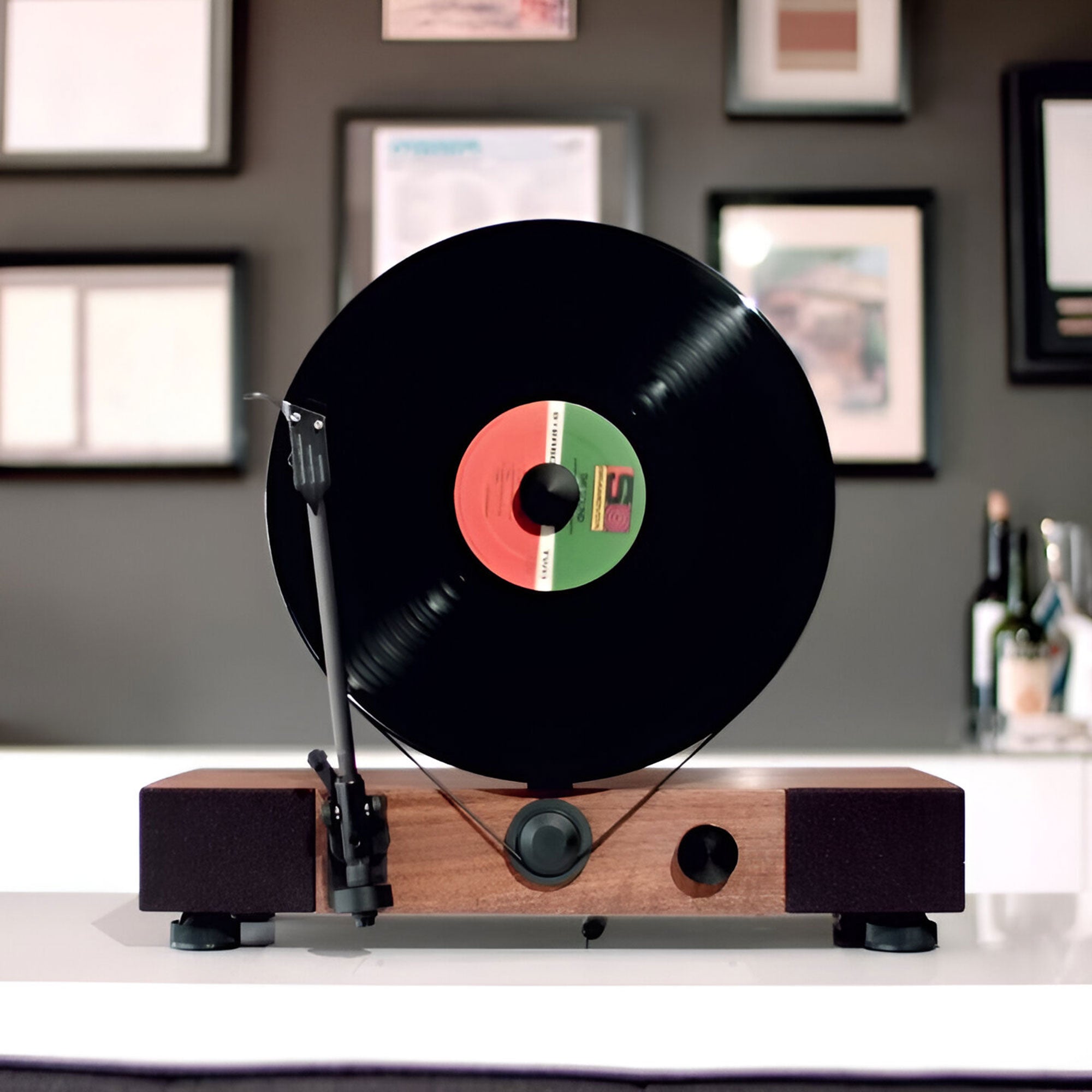 Floating Record vertical Bluetooth turntable with built-in stereo speakers.